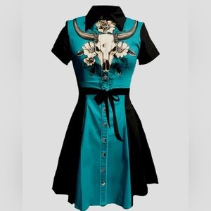 Teal and Black Western Button Front Shirt Dress, Size L
